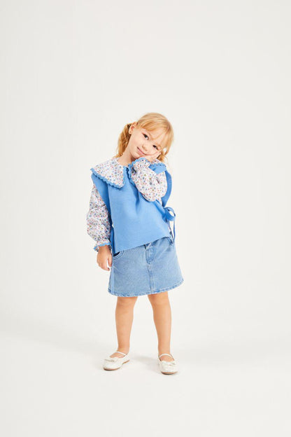 Flower Blue Blouse with Knit Vest and Skirt Set