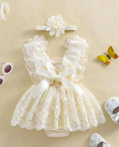 Baby Elegant Flower Embroidery Romper Dress with Headband
