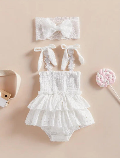 White Infant Baby Girls Romper Dress with Lace Bow