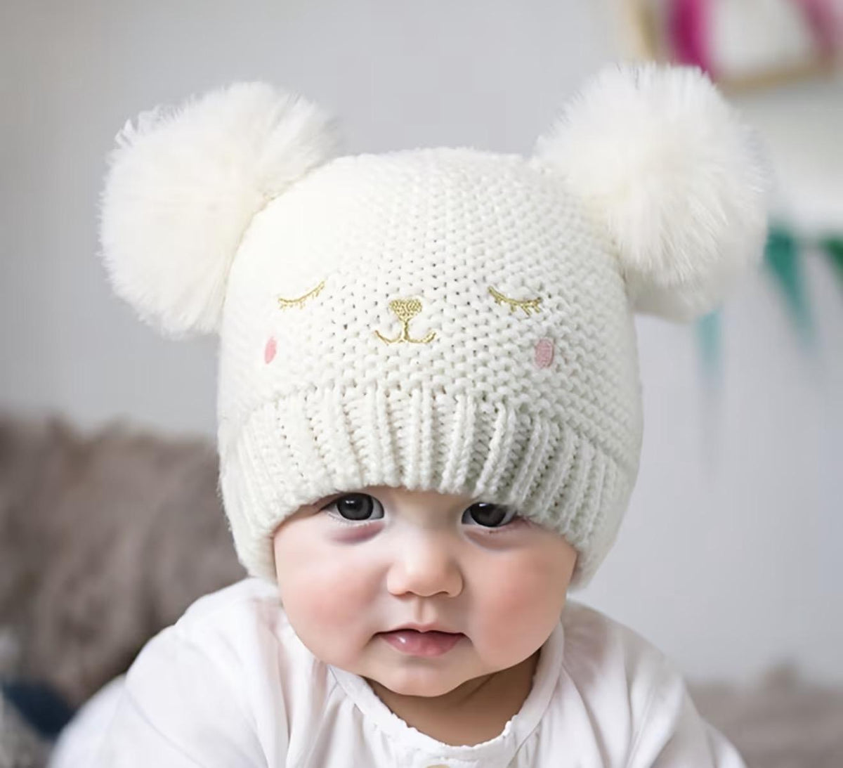 White Knit Baby Hat with pom poms