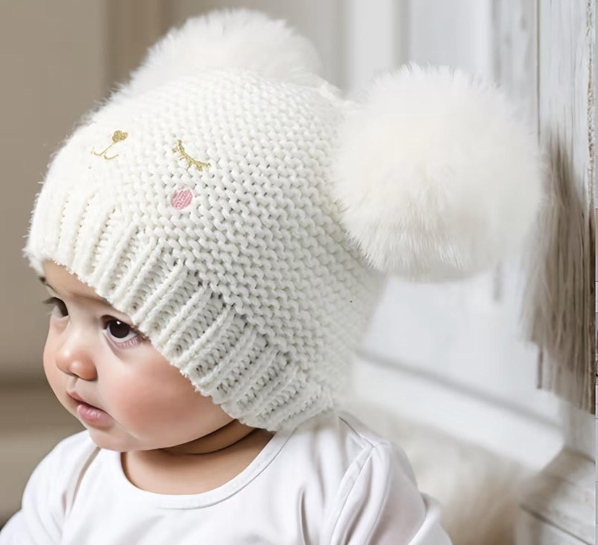 White Knit Baby Hat with pom poms