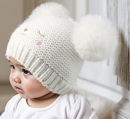 White Knit Baby Hat with pom poms