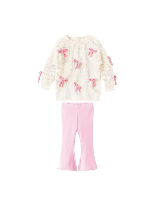 Knit Cream Sweater with Bows and leggings