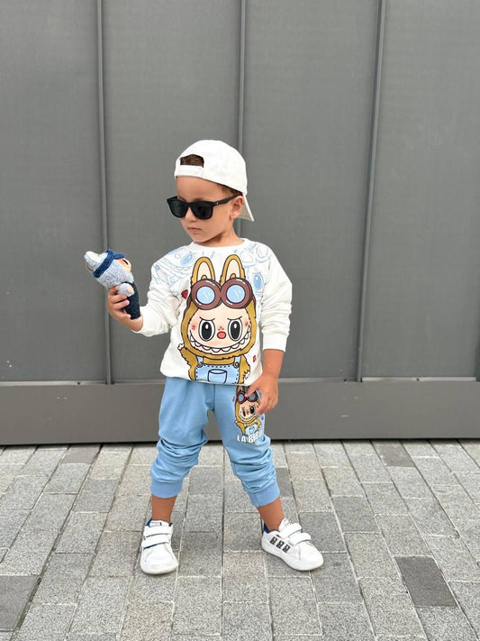 Boys White Labubu Tracksuit with Blue Pants