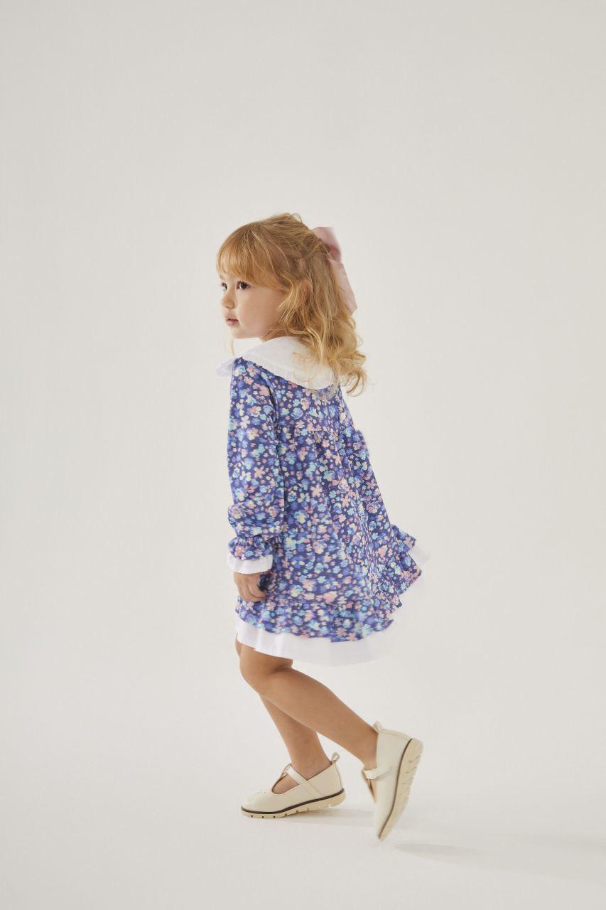 Cotton Dress Blue Flowers with Lilac Bow