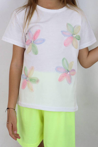 White 3D Flower Tshirt with Lime Shorts