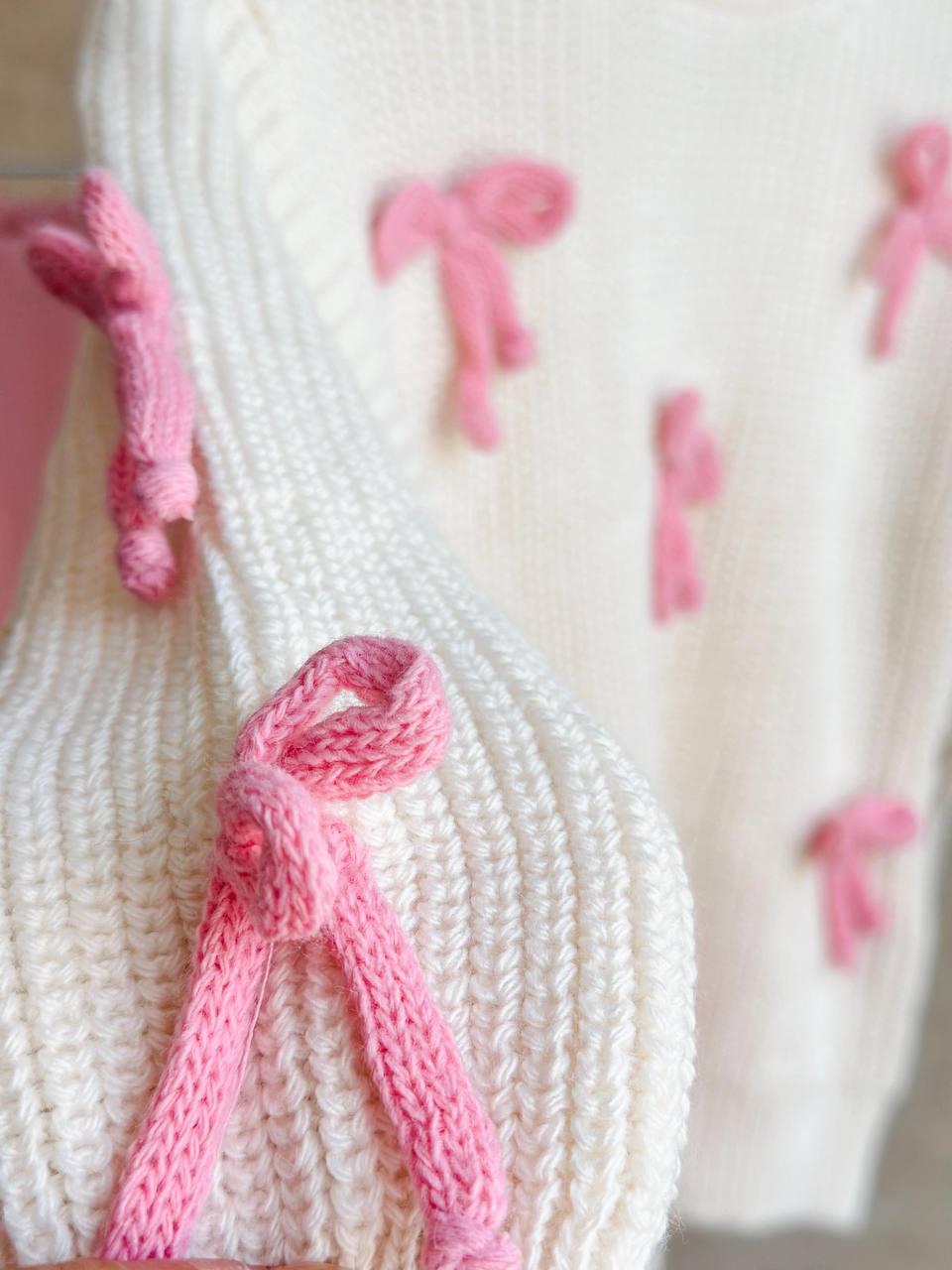 Knit Cream Sweater with Bows and leggings