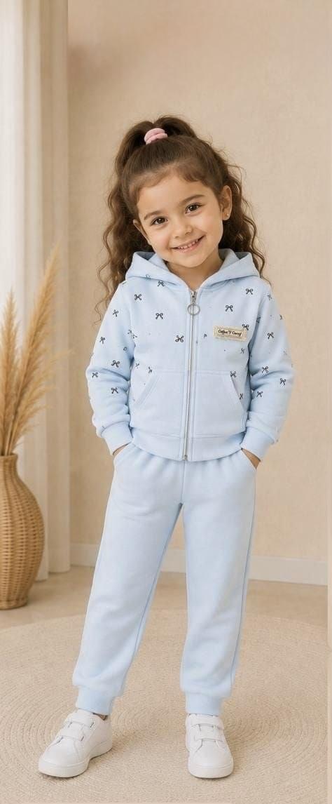 Light Blue Fleece Tracksuit with Brown Bows