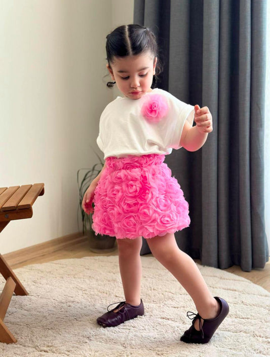 White Tshirt with Pink Flower and Pink Flower Skirt