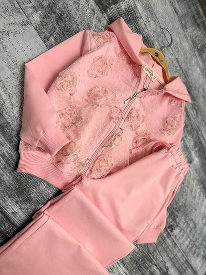 Pink Roses - Zip Up Hoodie Set with Pants
