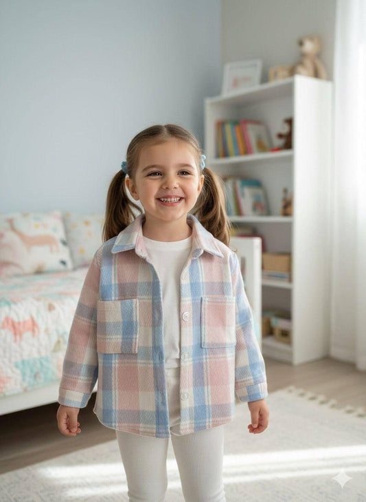 Girls 3 Piece Set Blue Pink Overshirt, White leggings and tshirt Set