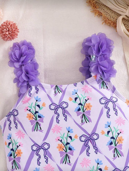 Purple Flower and Bow Detail Swimsuit