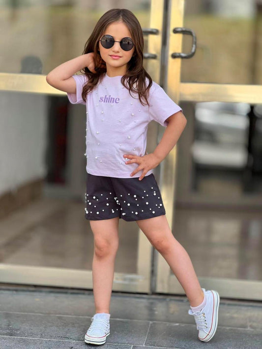 Girls Lilac Shine Tshirt with Pearls and Shorts Set