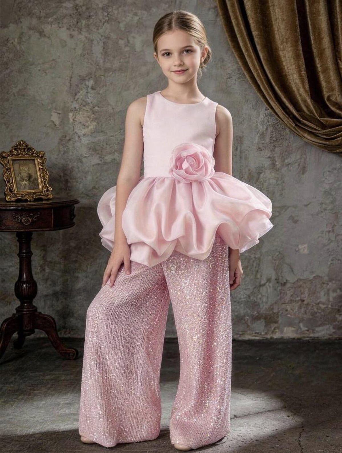 3D Flower Top and Sparkle Pants Set