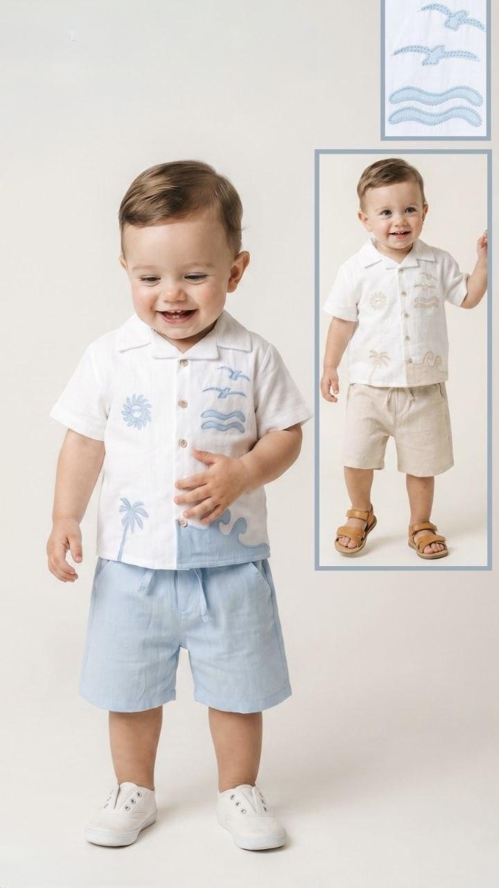 Boy 2 Piece Set White Linen Cotton Shirt with Short Sleeve and Beige Shorts