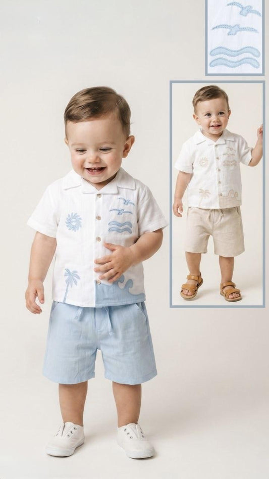 Boy 2 Piece Set White Linen Cotton Shirt with Short Sleeve and Beige Shorts