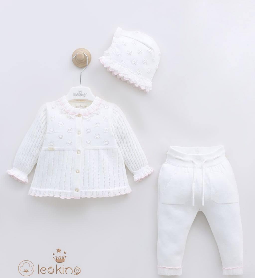 Leo King White Knit 3 Piece Set with Hat