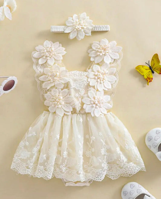 Baby Elegant Flower Embroidery Romper Dress with Headband