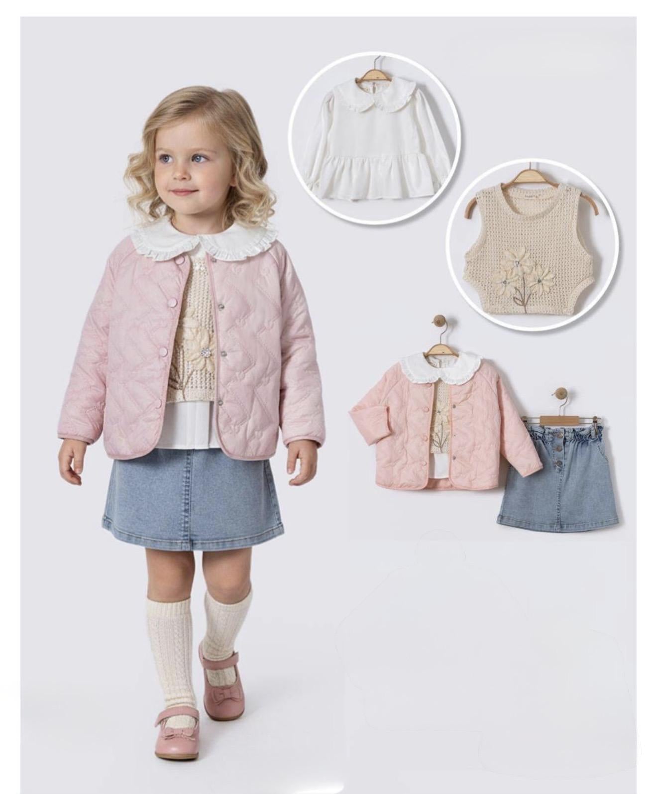 Girls Sugar Pink Jacket, Long Sleeve Blouse, Vest and Jean Skirt Set