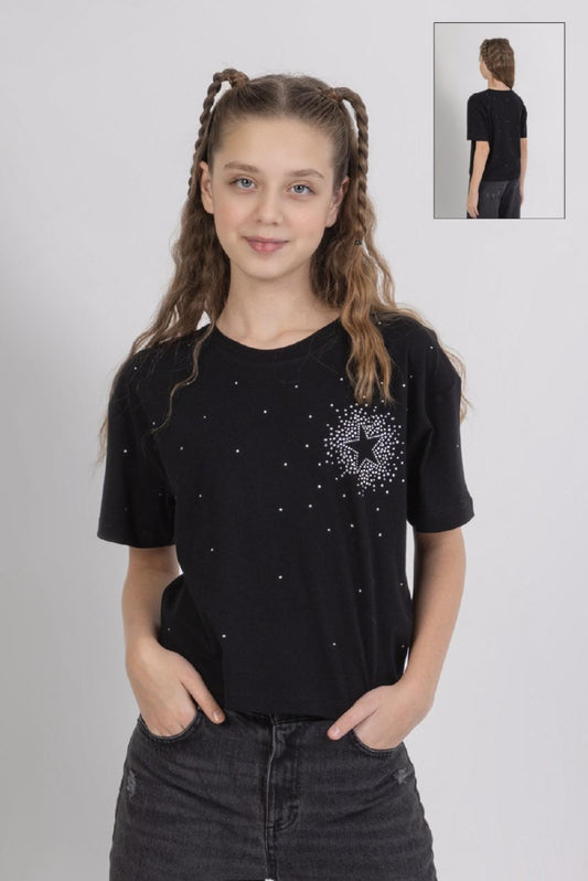 Girls Black Tshirt with Star Detail