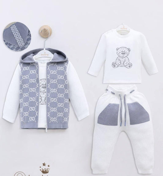 Baby Boy Bear Knit Grey 3 Piece Set