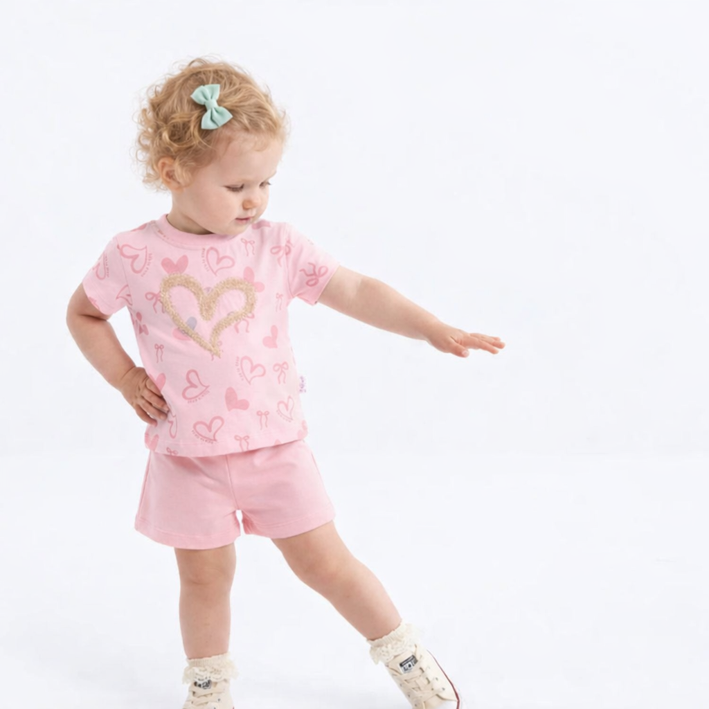 Peach Color - Baby Girl Heart Shorts Set