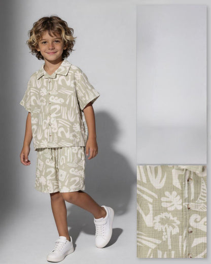 Beige Muslin Boys 2 Piece Shirt and Shorts Set with green print