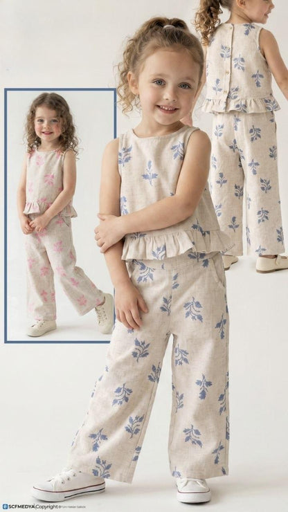 Linen Pants and Top Set - Pink Flower Embroidery