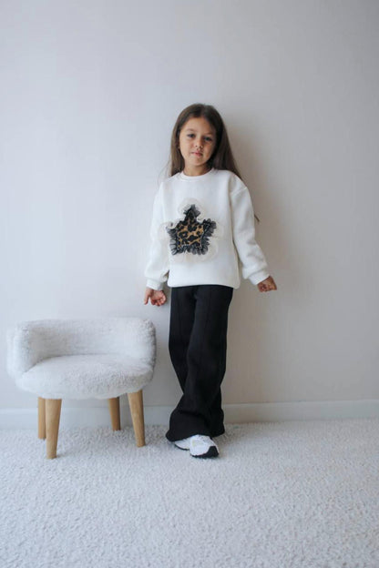 Girls White Sweatshirt With Star and Black Bottoms Set