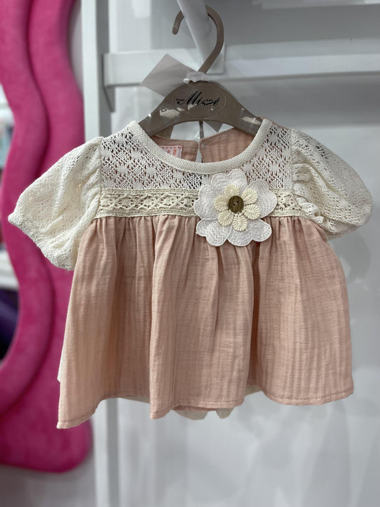 Baby Girl Beige Shorts with Muslin Top Fower Detail and Headband