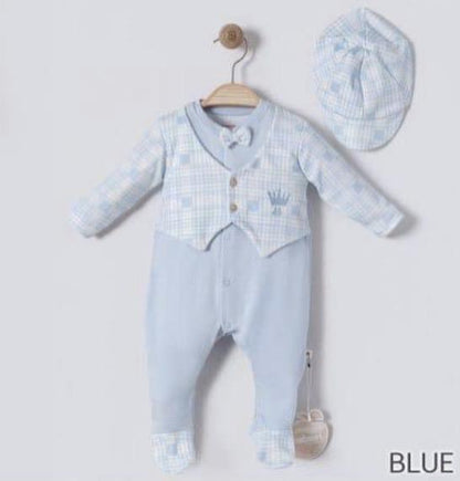 Baby Boy light blue romper with crown and hat