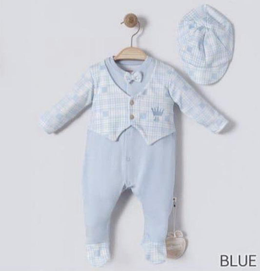 Baby Boy light blue romper with crown and hat