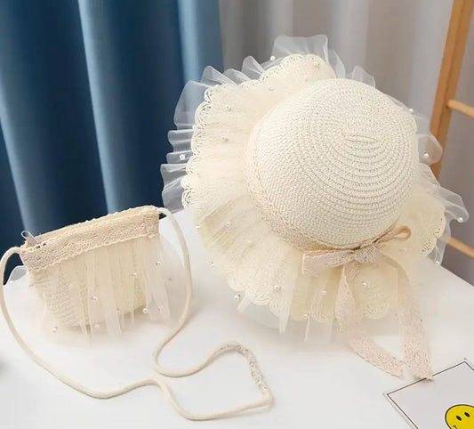 Ivory Straw Hat with Schiffon Pearls Detail with Bag