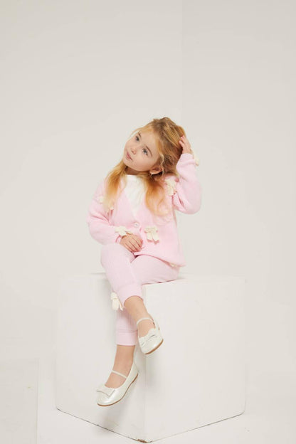 Pink Knit Cardigan with Bows and Knit Leggings