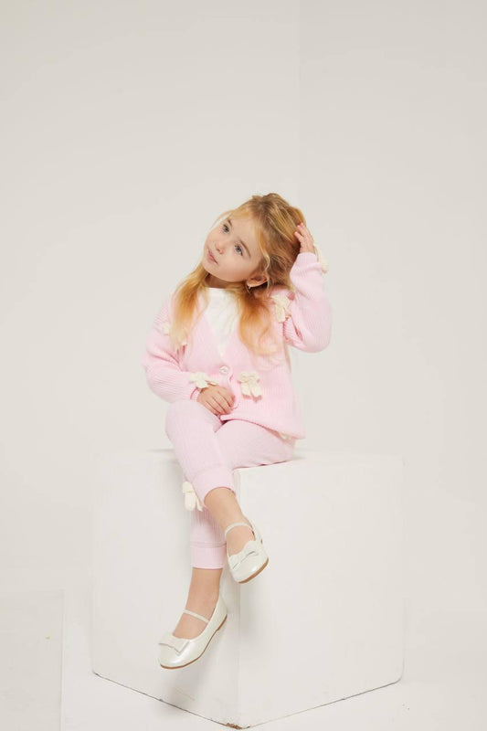 Pink Knit Cardigan with Bows and Knit Leggings