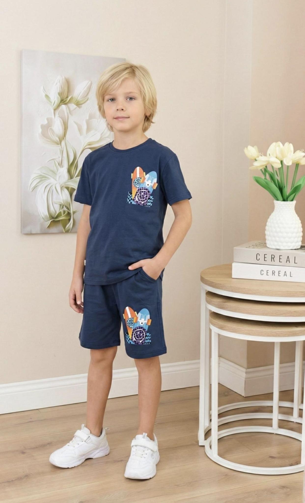 Boy navy surf board and smiley tshirt and shorts set
