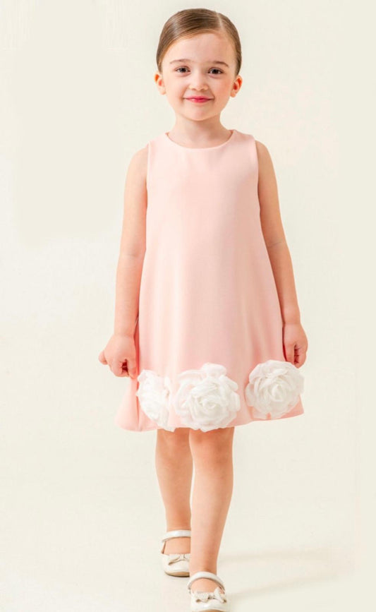 Girls Peach Dress With White 3D Roses