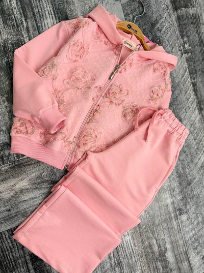 Pink Roses - Zip Up Hoodie Set with Pants