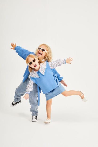 Flower Blue Blouse with Knit Vest and Skirt Set