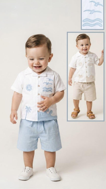 Boy 2 Piece Set White Linen Cotton Shirt with Short Sleeve and Beige Shorts
