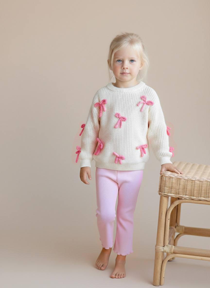 Knit Cream Sweater with Bows and leggings