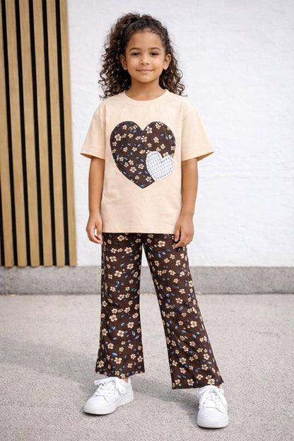 Girl beige heart set with flare leggings
