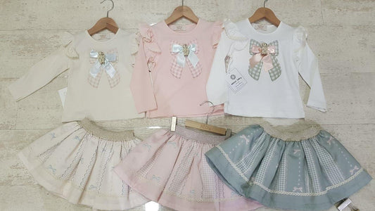 Baby Girl Pink Set Bow with bear long sleeve shirt and skirt