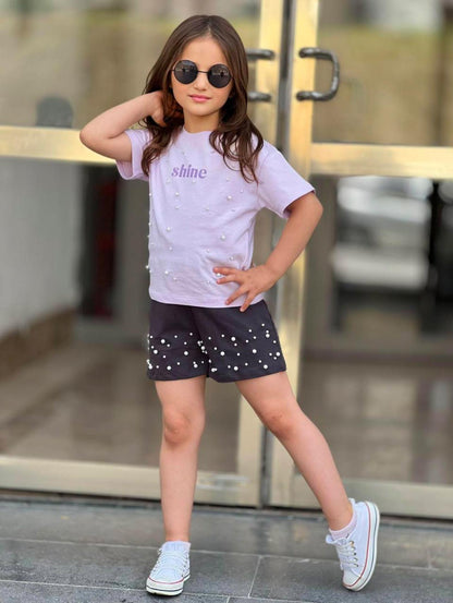 Girls Lilac Shine Tshirt with Pearls and Shorts Set