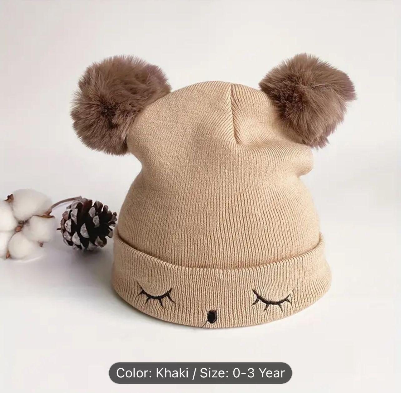 Khaki Knitted Beanie with Pom Poms