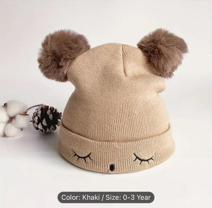 Khaki Knitted Beanie with Pom Poms