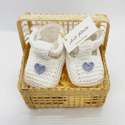 White Booties with Grey Hearts in Basket