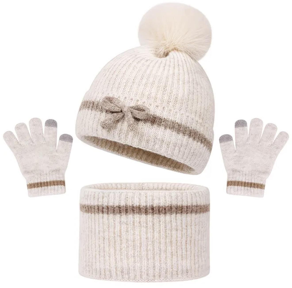 3 Piece Beige Pom Pom Knit Hat, Gloves and Scarf