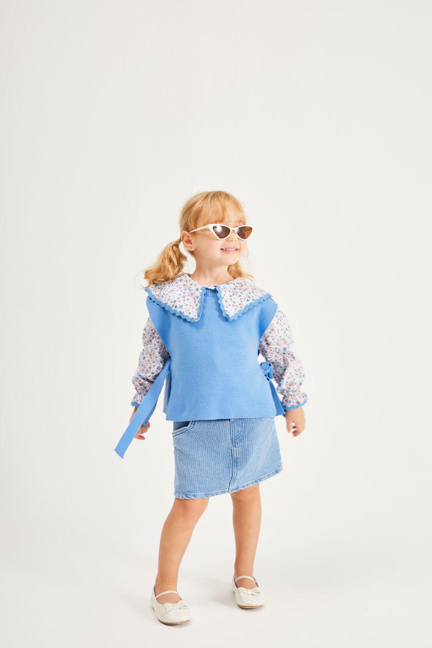 Flower Blue Blouse with Knit Vest and Skirt Set