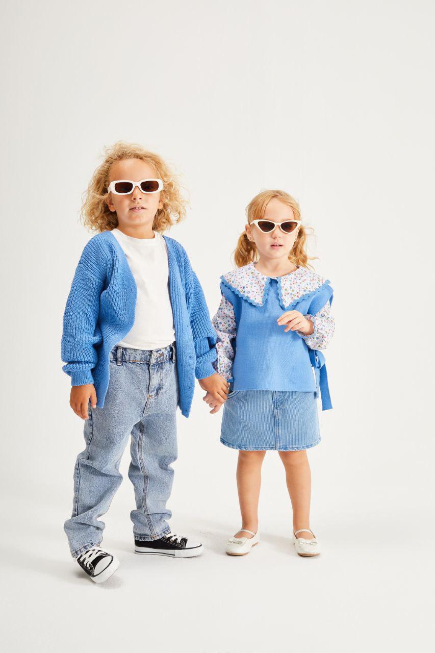 Flower Blue Blouse with Knit Vest and Skirt Set